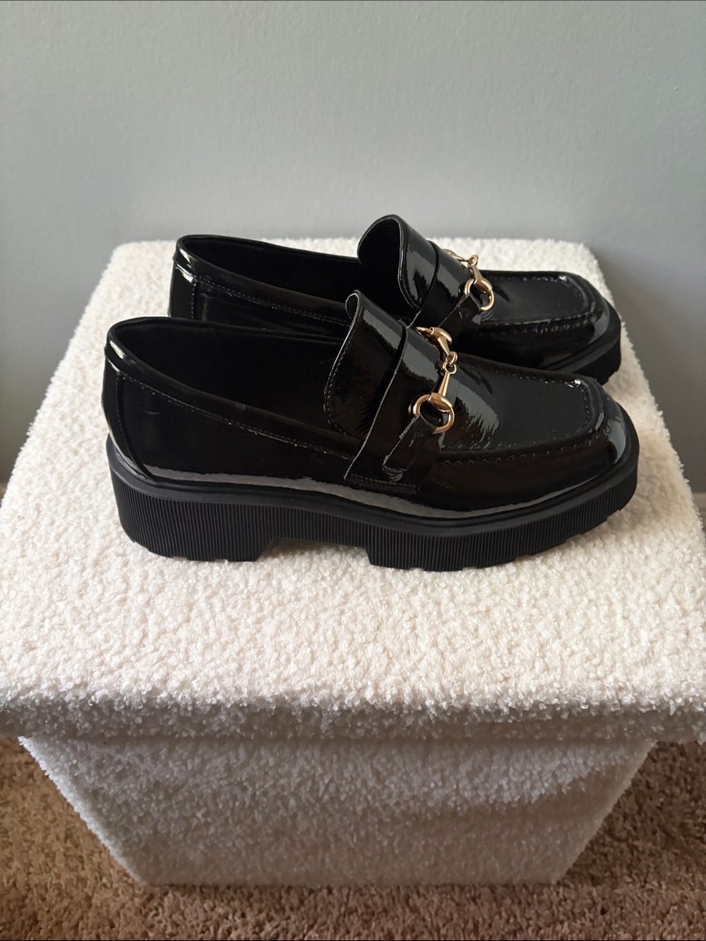Steve Madden Patent Leather Black Women's Platform Loafers with Horse Bit Detail